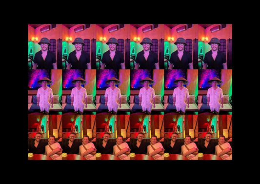 Collage of two brothers reconnecting in Vietnam—laughing, reflecting, and wearing local hats.