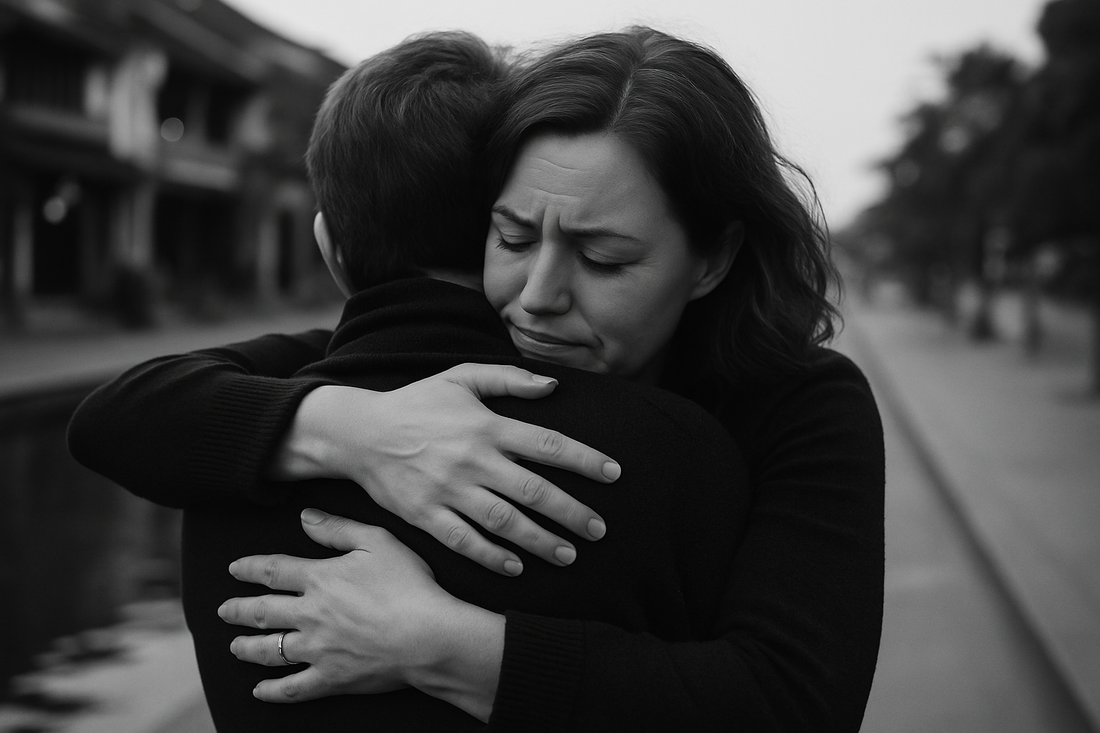 A black-and-white photograph capturing a quiet, reflective moment between two friends, symbolizing the importance of genuine connection amid the chaos of self-optimization