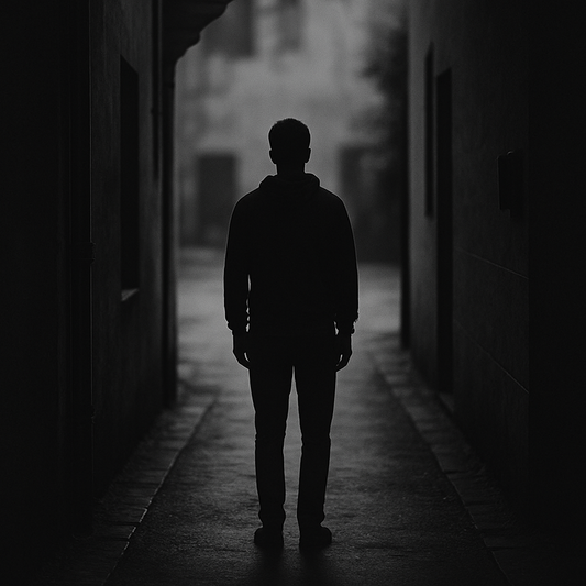A black and white image of a solitary figure standing in a dimly lit alleyway, evoking tension, reflection, and quiet confrontation.