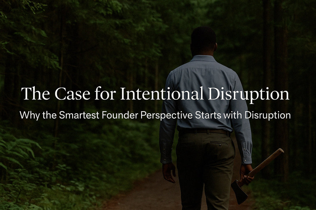 Black man in business casual walking into the forest with an axe, symbolizing a founder perspective on intentional disruption