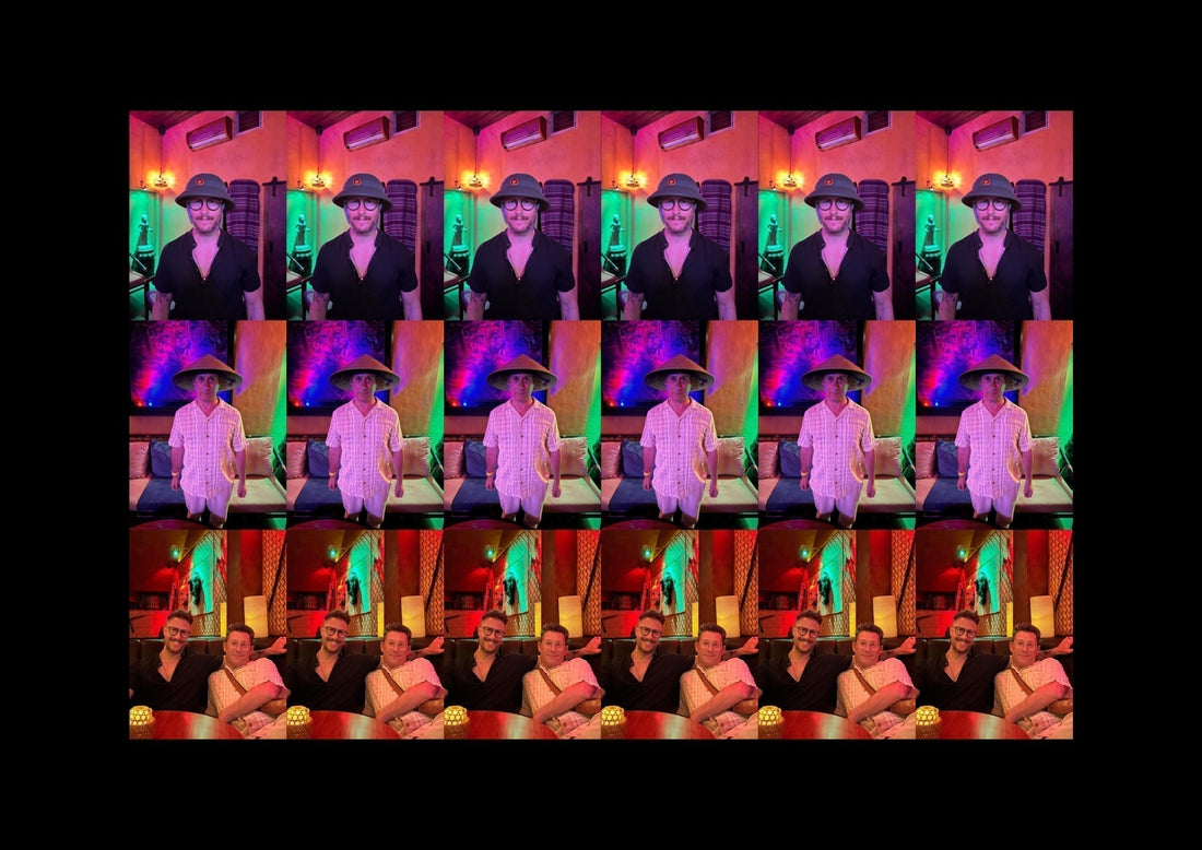 Collage of two brothers reconnecting in Vietnam—laughing, reflecting, and wearing local hats.